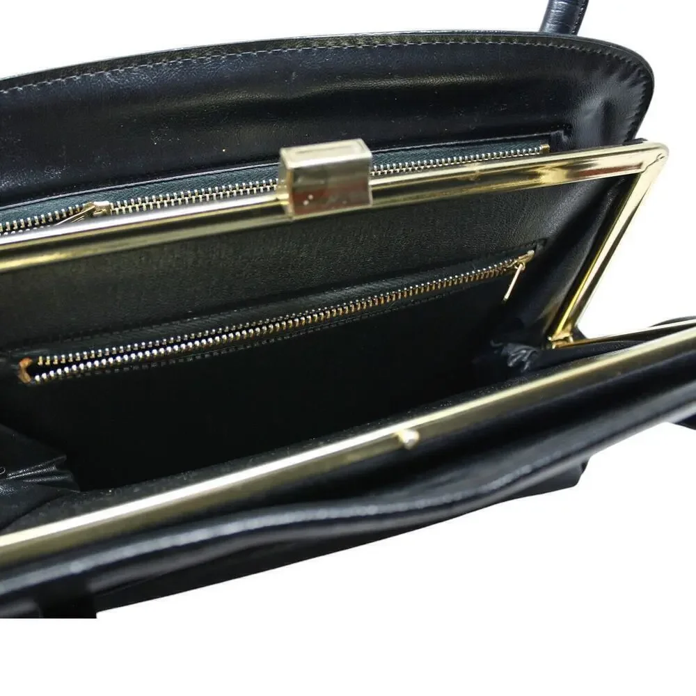 Vintage Large Black Handbag Purse Double Handle Flat Bottom 12x8.5